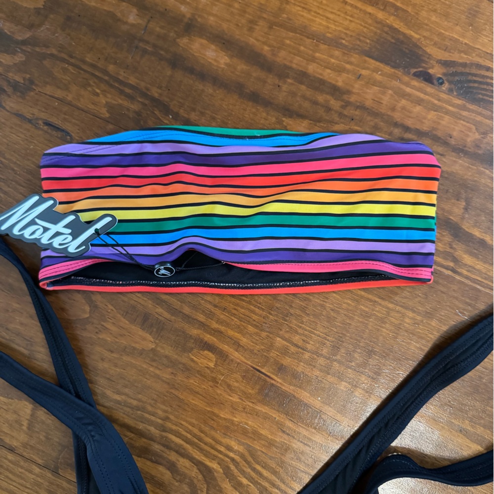 NWT xs Motel Black Rainbow Colorful Women's Suspender Bikini Bandeau Dolls Kill - Picture 3 of 3